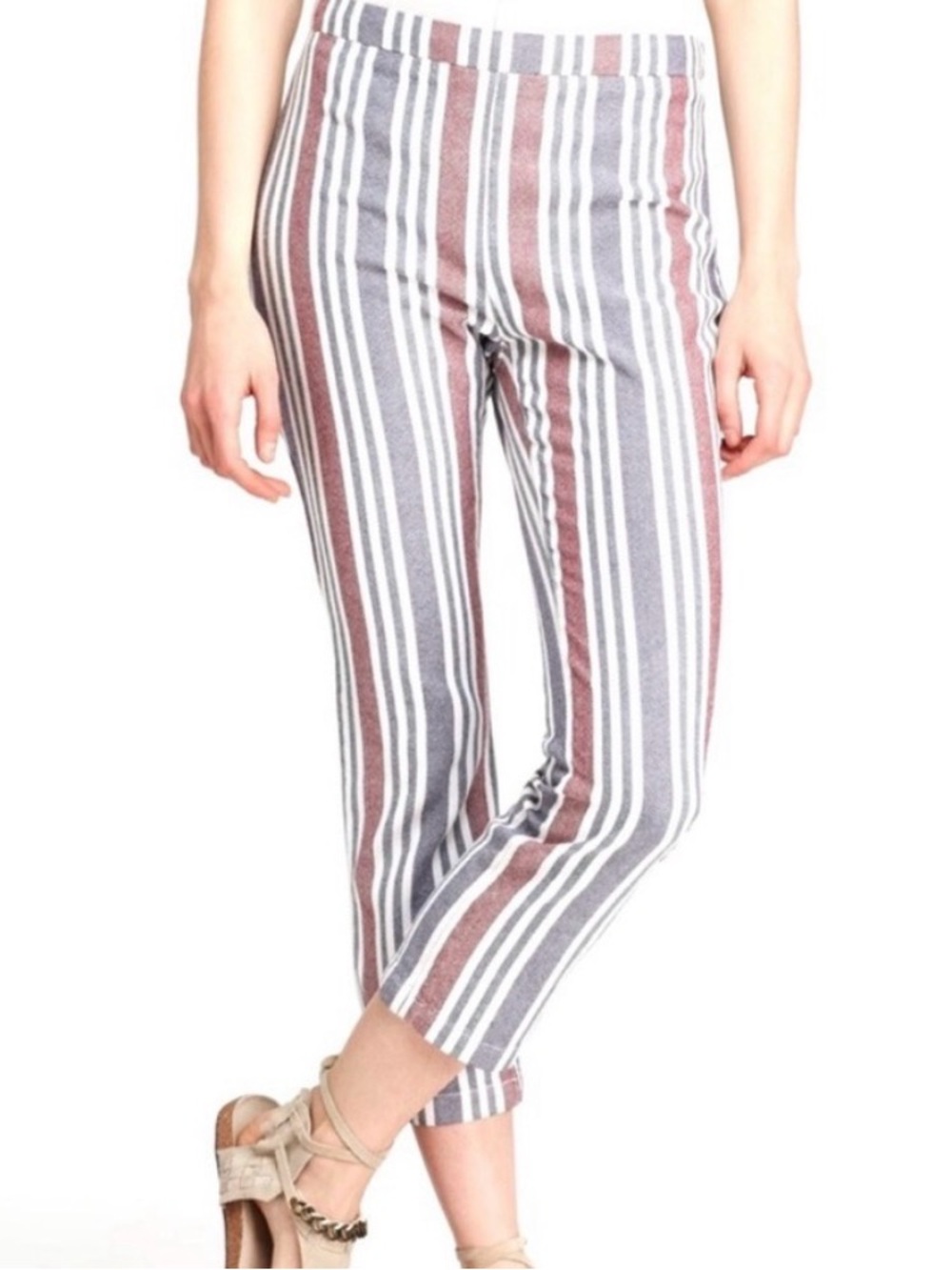 Free People Vertical Striped Cropped Pull-On Pants in Burgundy, Gray & Whitr